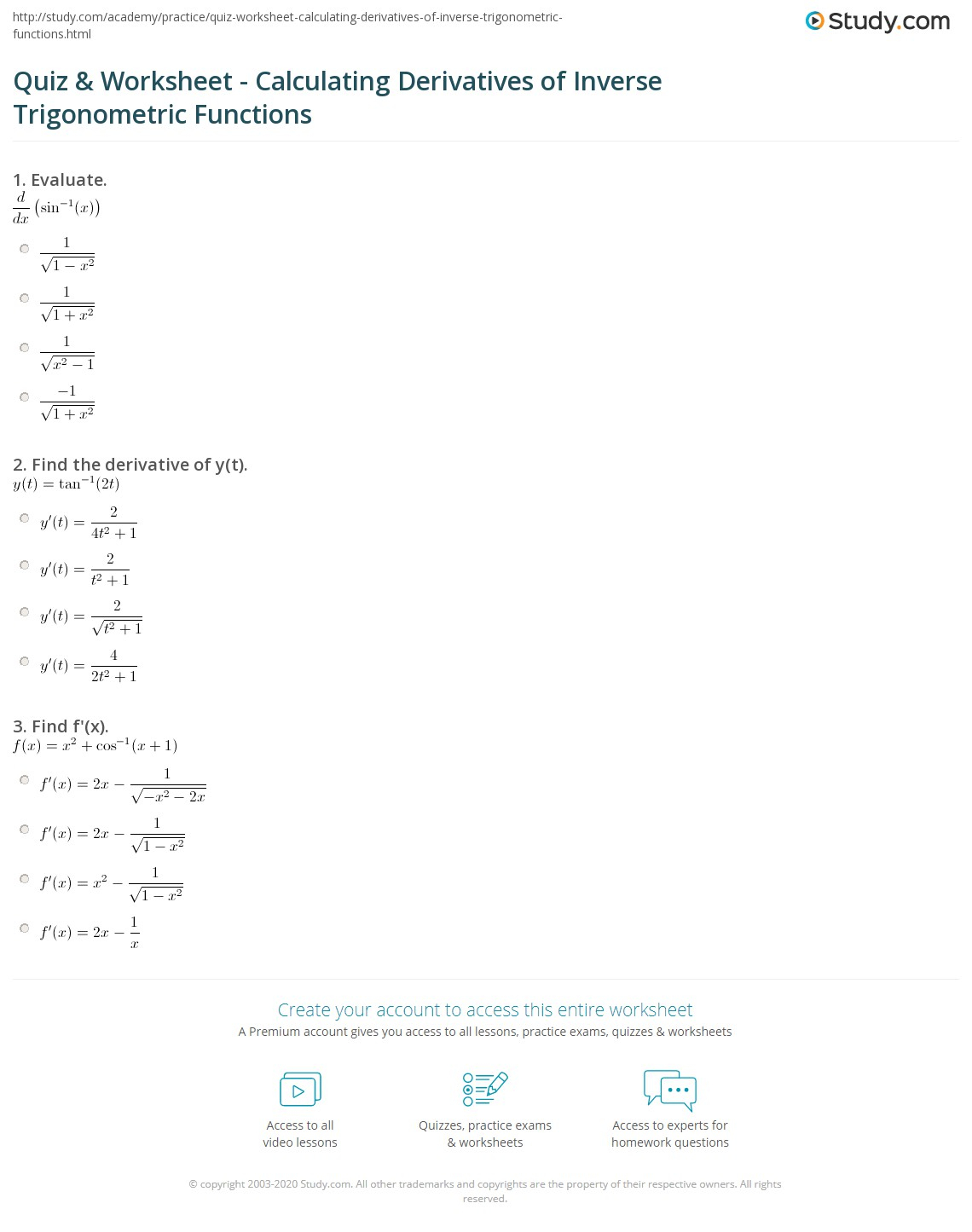 Derivatives Of Inverse Trig Functions Worksheet With Solutions Pdf