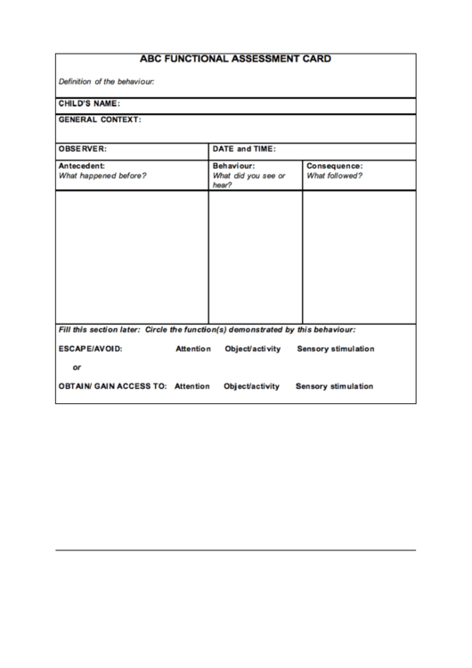 Abc Functional Assessment Card Printable Pdf Download