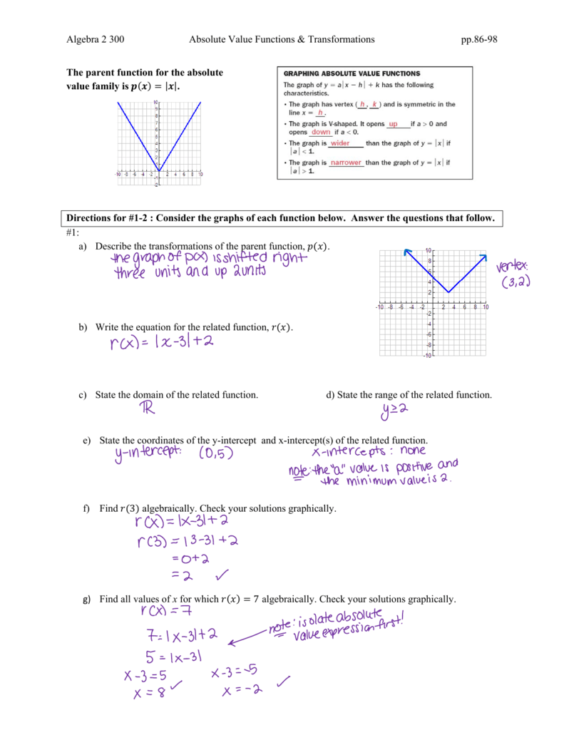 Absolute Value Transformations Worksheet Answers Key Algebra 2 