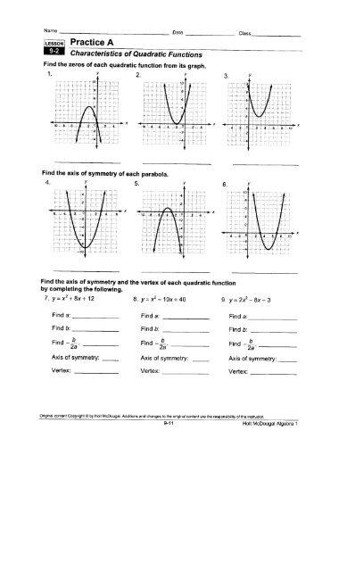 Features Of Quadratic Functions Worksheet