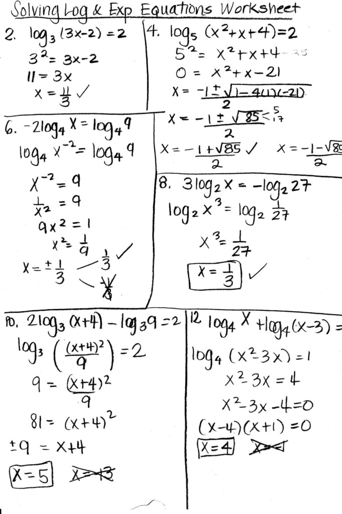 Algebra 2 Solving Exponential And Logarithmic Equations Worksheet 