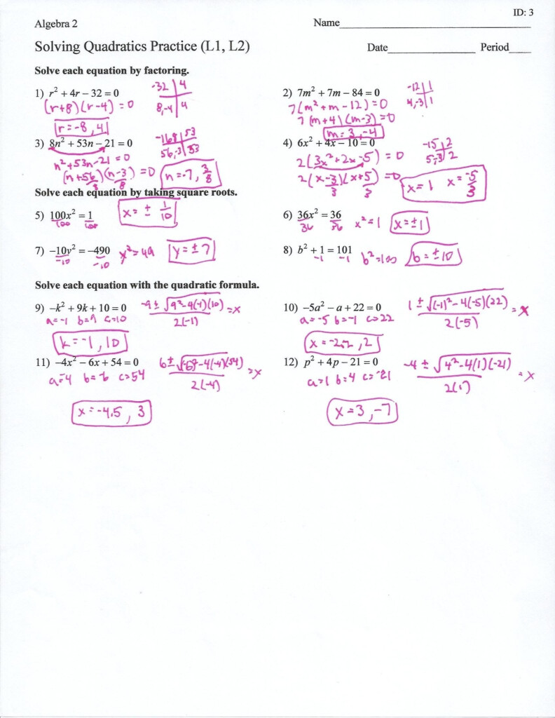 Algebra 2 Solving Quadratic Equations By Factoring Worksheet Answers 