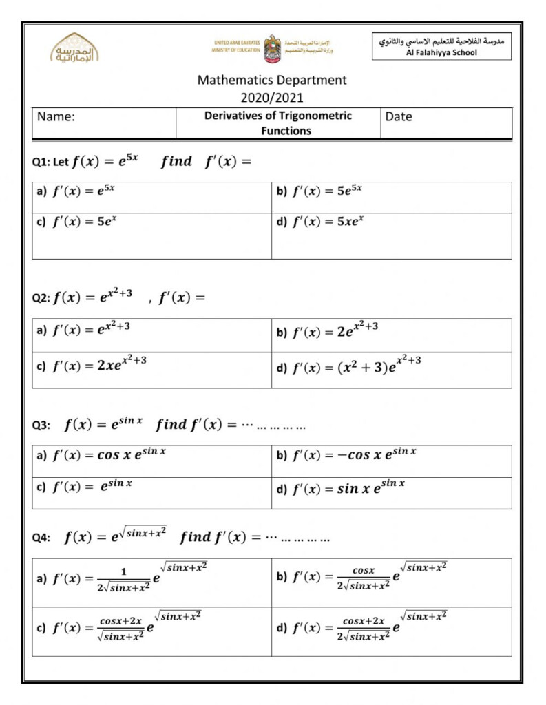 Derivative Of Exponential Functions Worksheet Function Worksheets