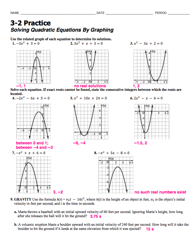 Download Worksheet Graphing Quadratic Functions A 3 2 Answers Images