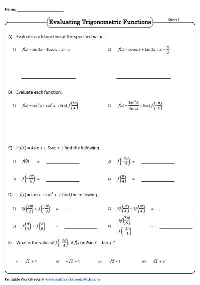 Evaluating Trigonometric Functions Worksheets