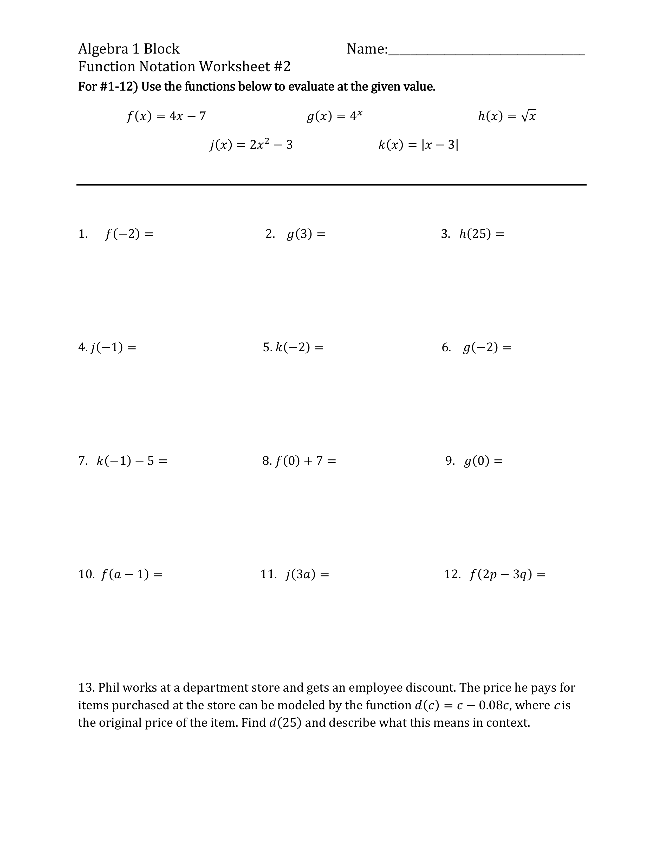 Function Notation Practice Worksheet 2 Math Teachers Library – Function ...