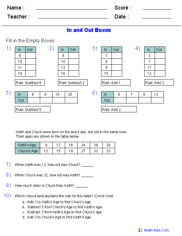 Function Table Worksheets Function Table In And Out Boxes 