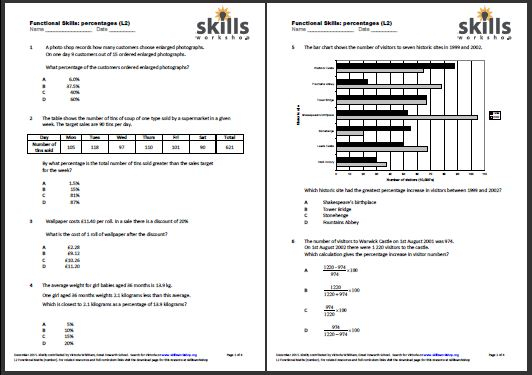 Functional Maths L2 Percentages Multiple Choice Worksheet Skills 