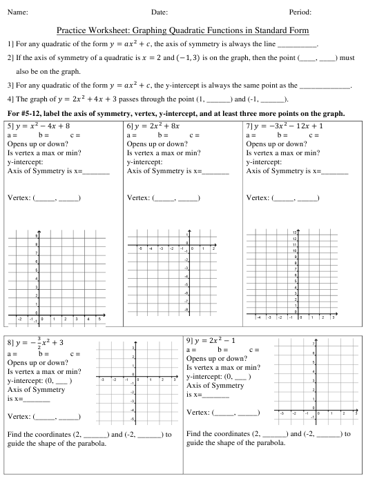 Graphing Quadratic Functions In Standard Form Worksheet Download 