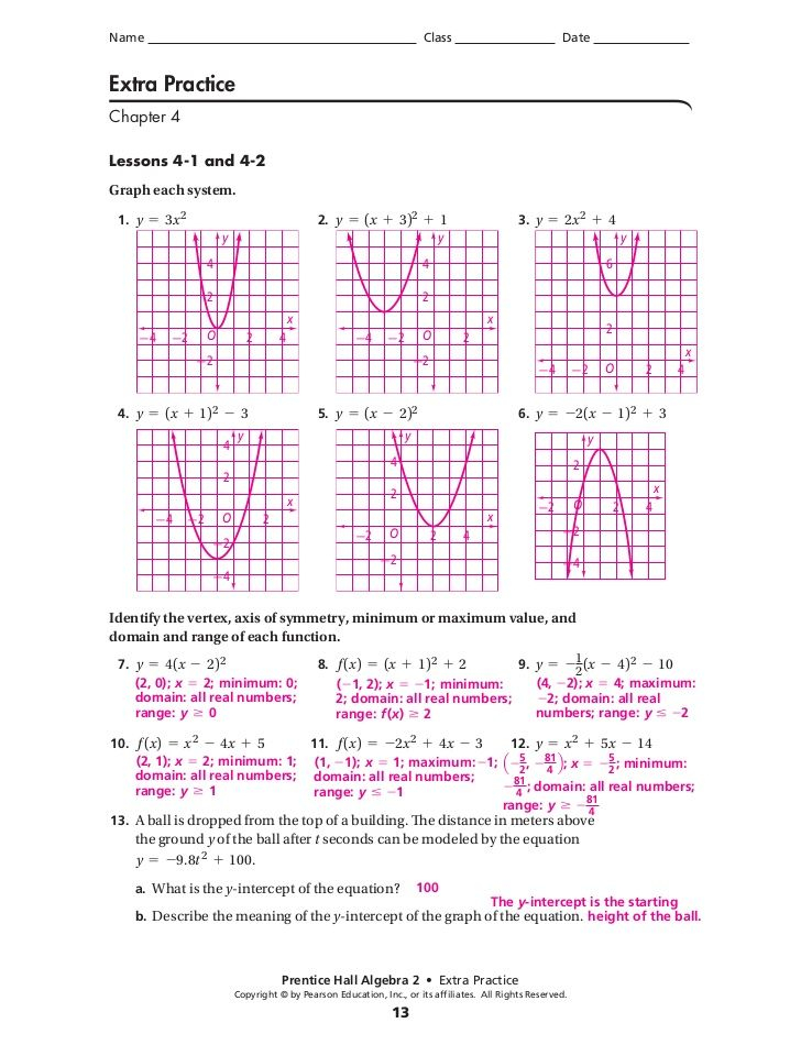 Graphing Quadratic Functions Worksheet Answer Key