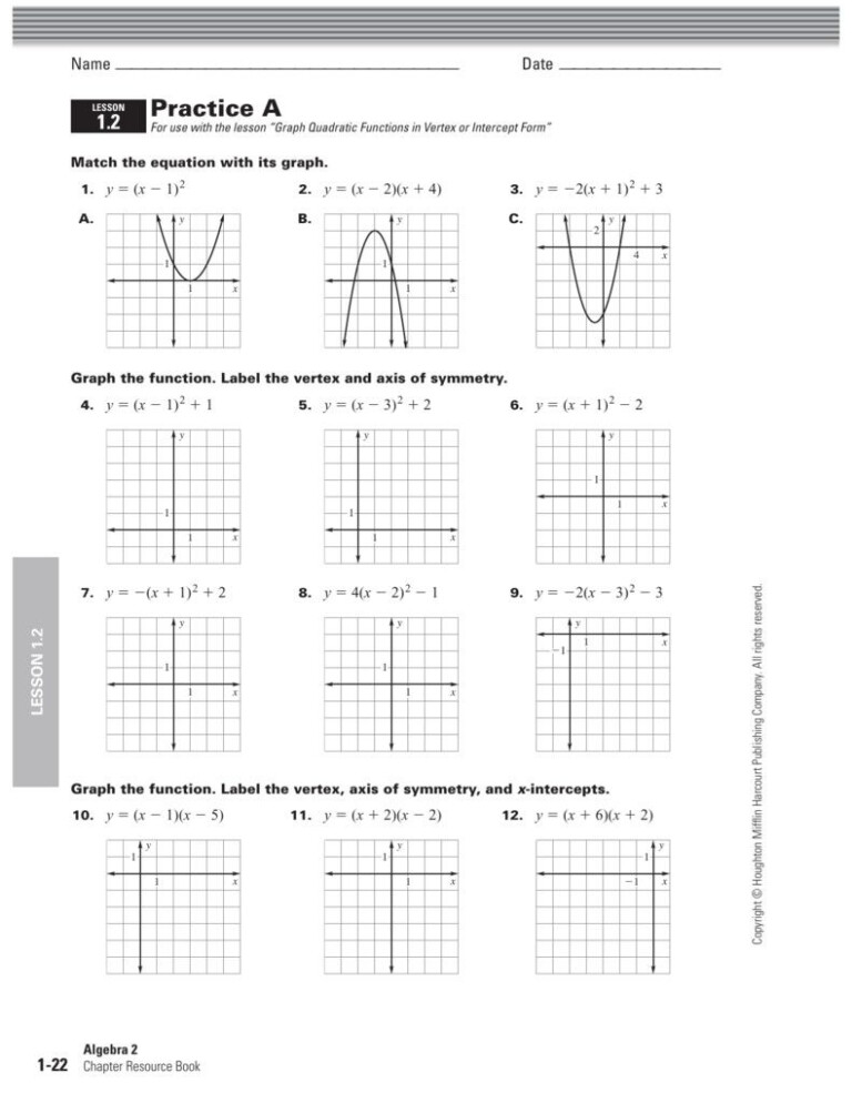 Characteristics Of Quadratic Functions Worksheet 1 Answer Key Function Worksheets