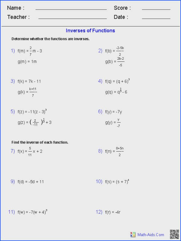 Inverse Functions Worksheet Answer Key