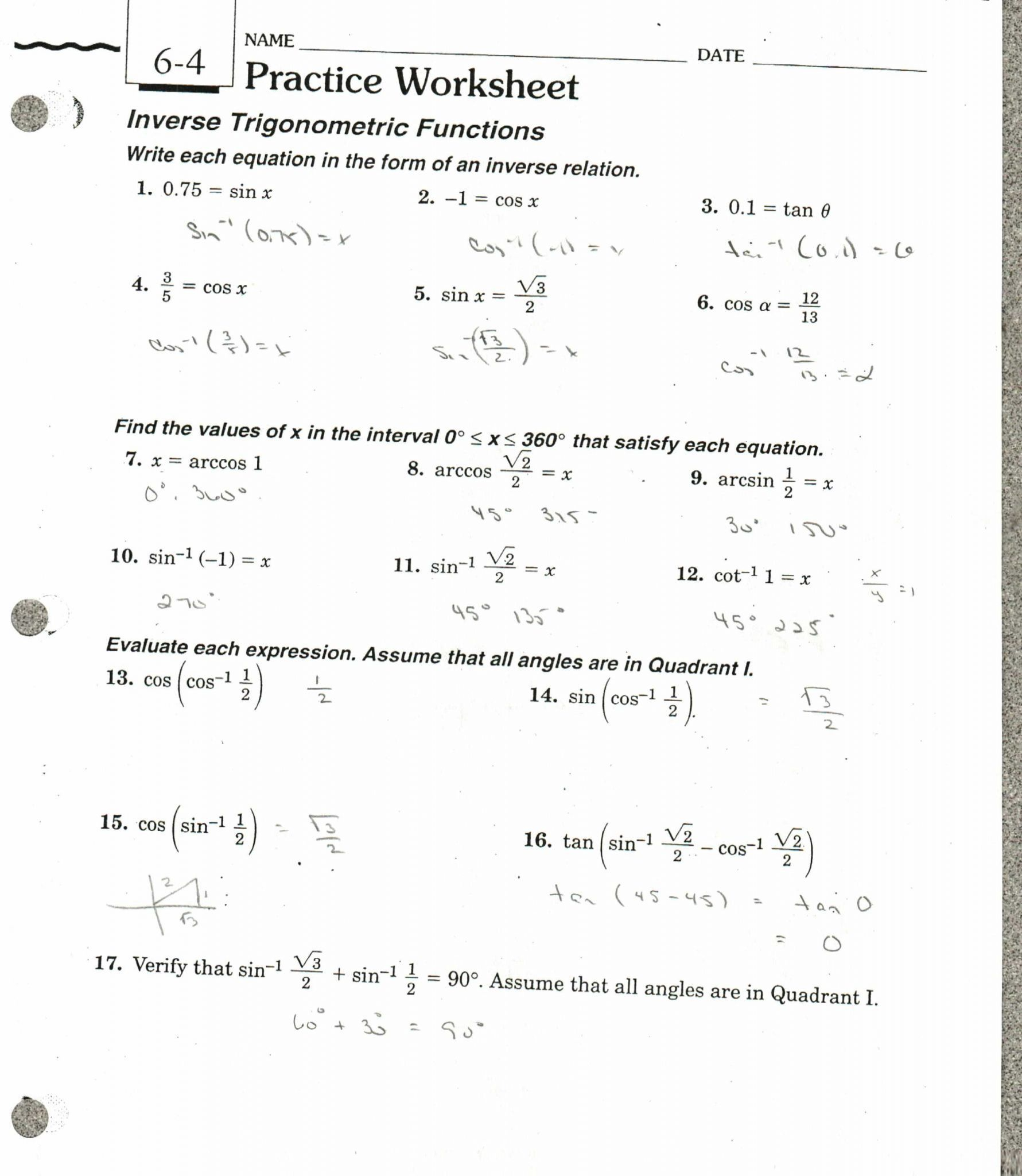 Practice Worksheet Inverse Trig Functions And Review Answer Key 