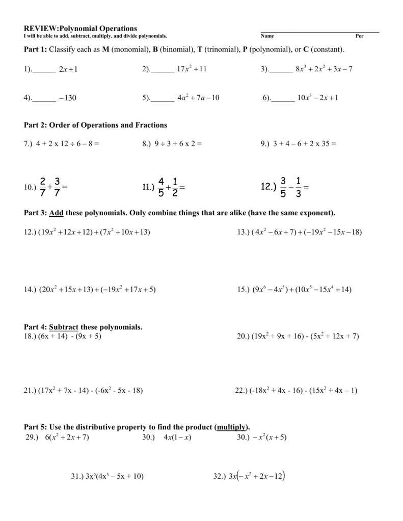 Operations With Polynomials Worksheet Algebra 1 Answer Key Worksheets