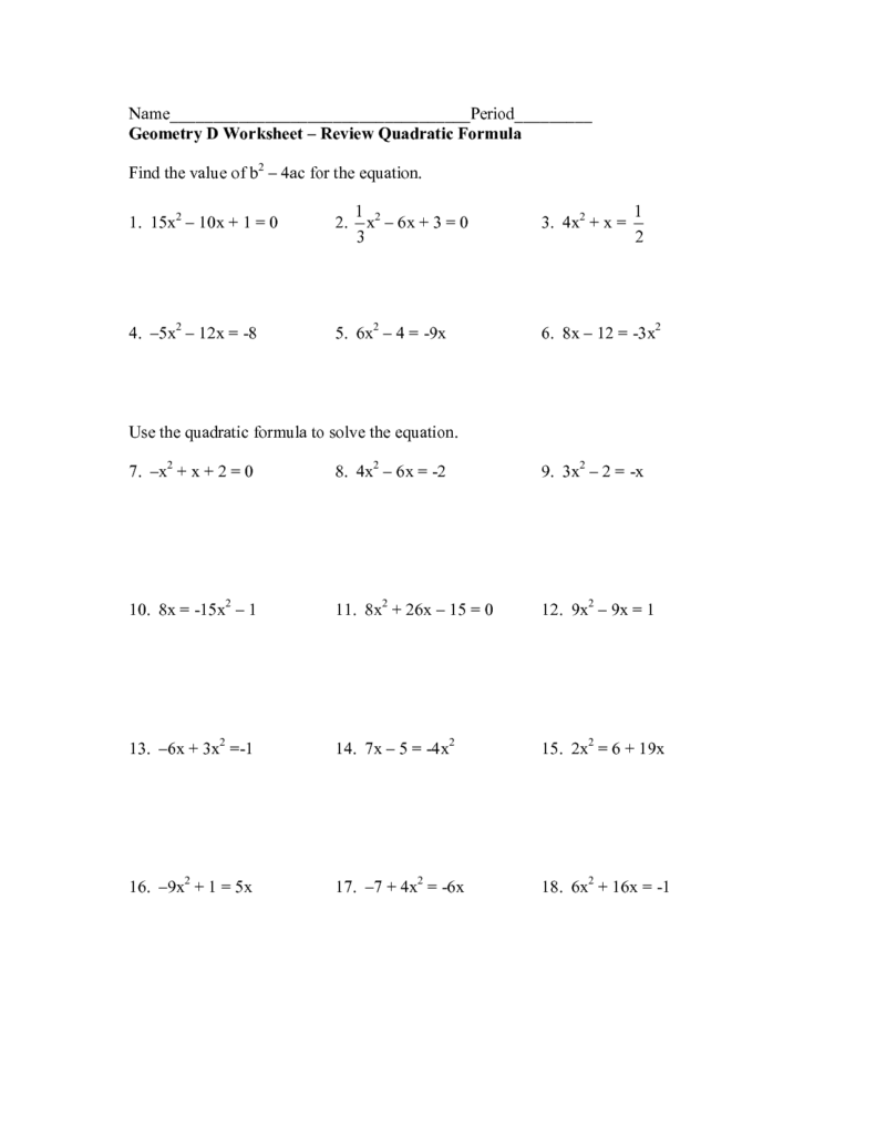 Quadratic Equation Worksheet With Answers Db excel