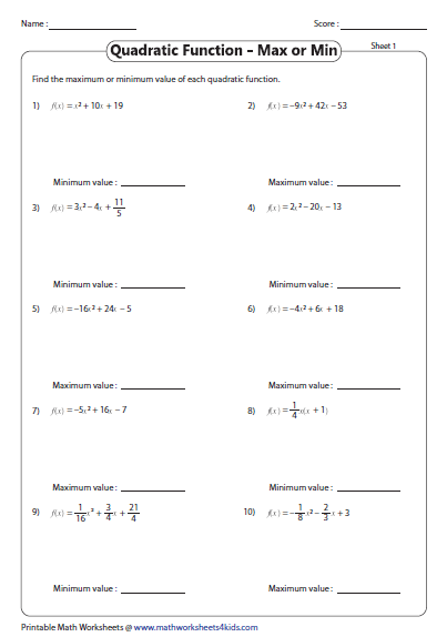 Quadratic Function Worksheets