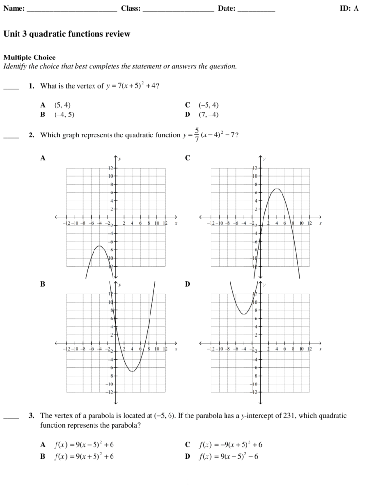 Quadratic Functions Review Worksheet Download Printable PDF 