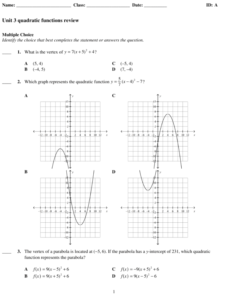 Quadratic Functions Review Worksheet Download Printable PDF