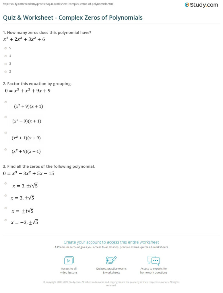 Quiz Worksheet Complex Zeros Of Polynomials Study