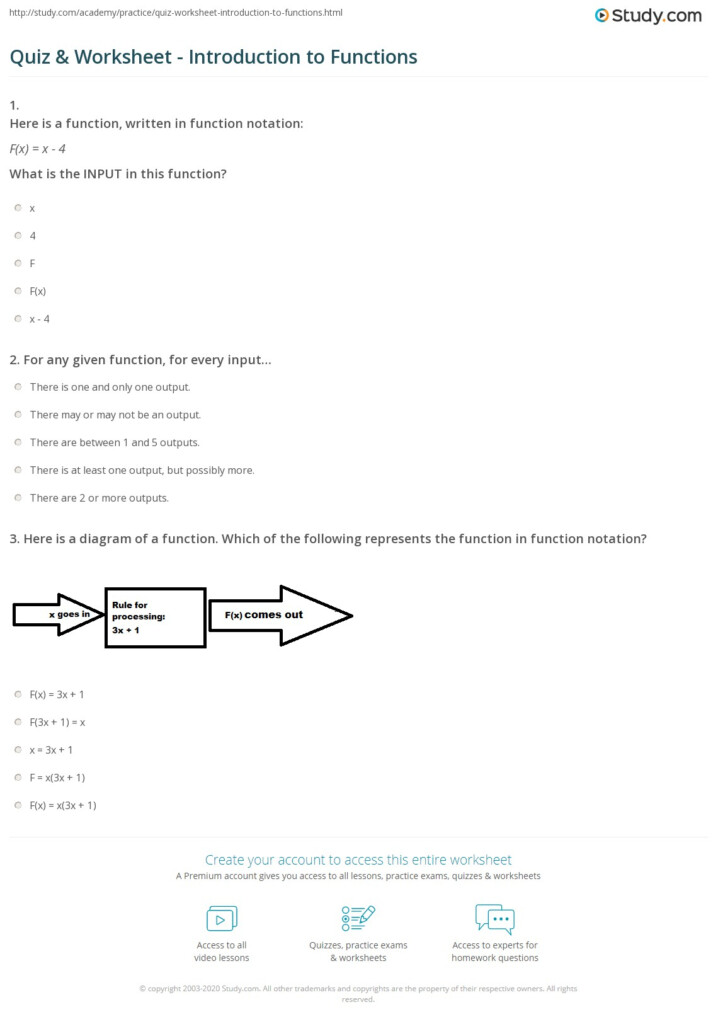 Quiz Worksheet Introduction To Functions Study