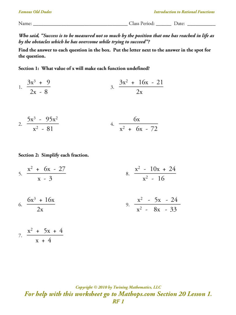 Rational Functions Worksheet Db excel