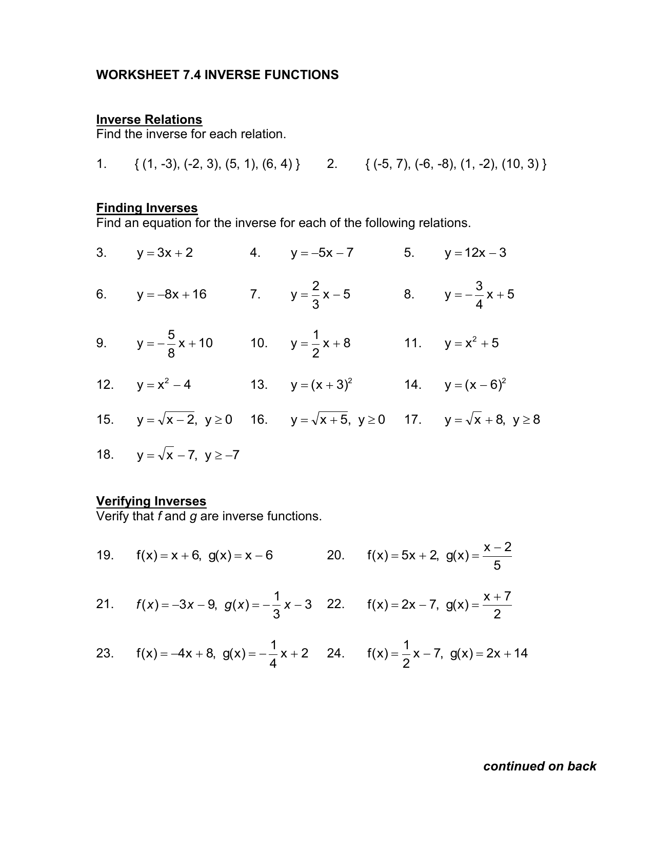 Worksheet 7 4 Inverse Functions