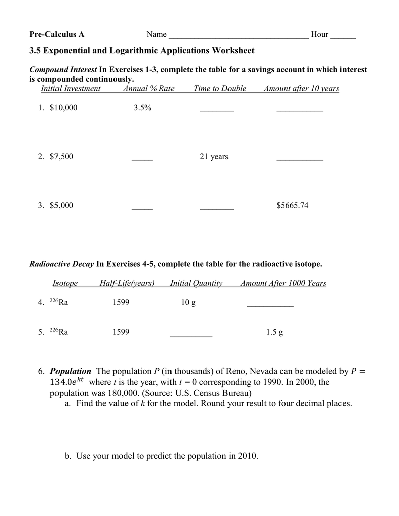 3 5 Exponential And Logarithmic Applications Worksheet