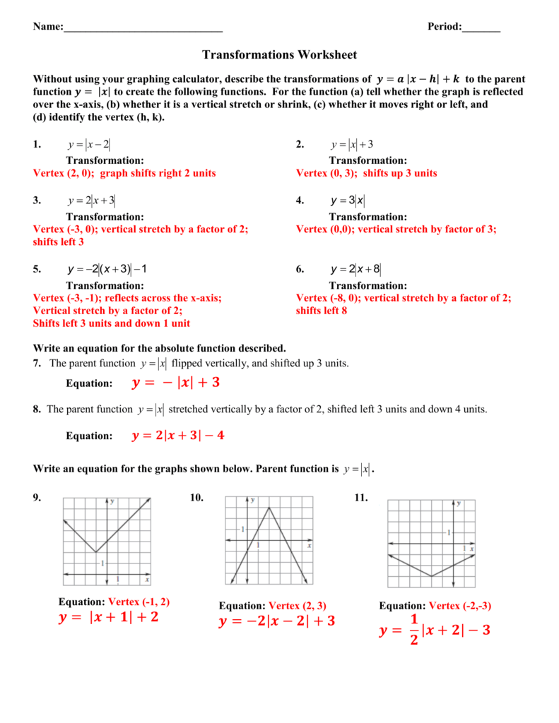 Absolute Value Transformations Worksheet Answers Key Algebra 2 