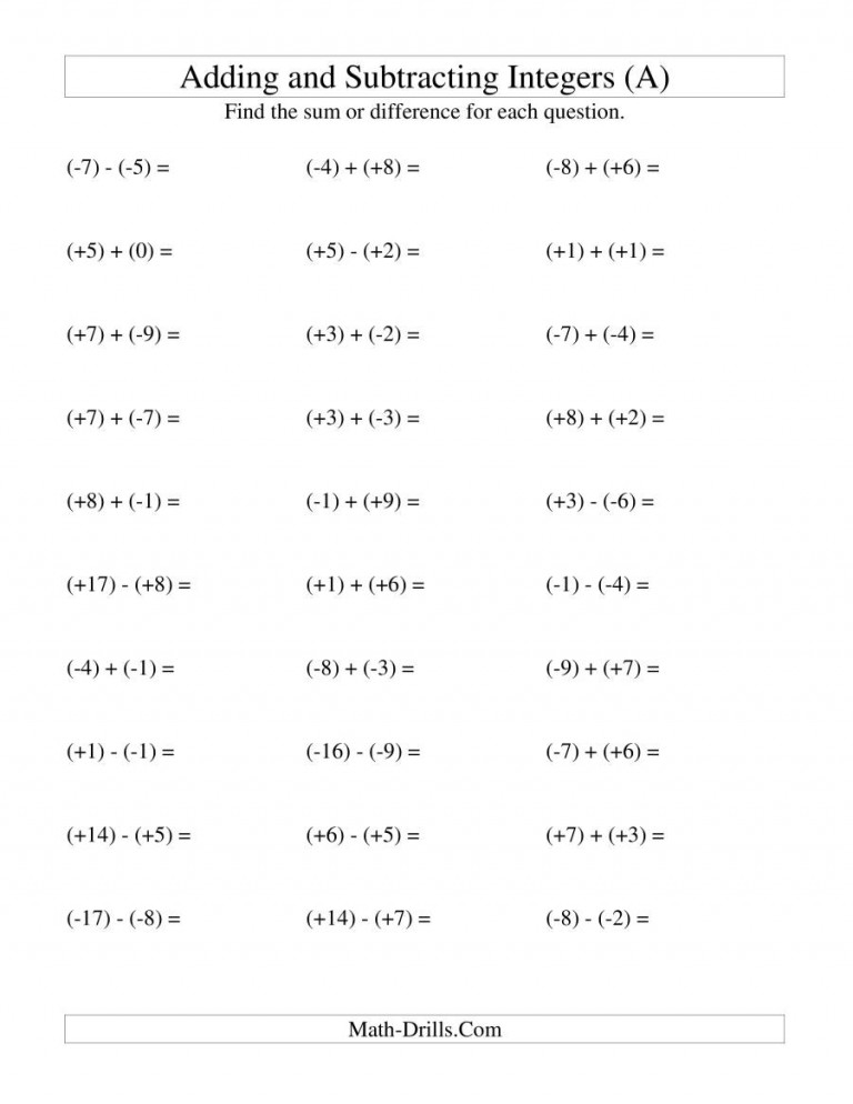 Adding And Subtracting Integers Worksheet 7th Grade Pdf Worksheets 