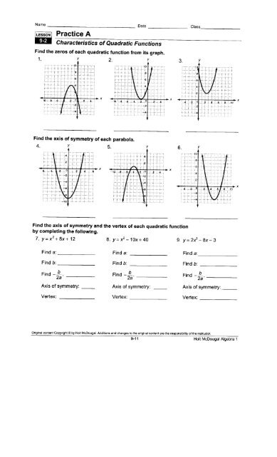 Algebra 18 2 Worksheet Characteristics Of Quadratic Functions Answer 