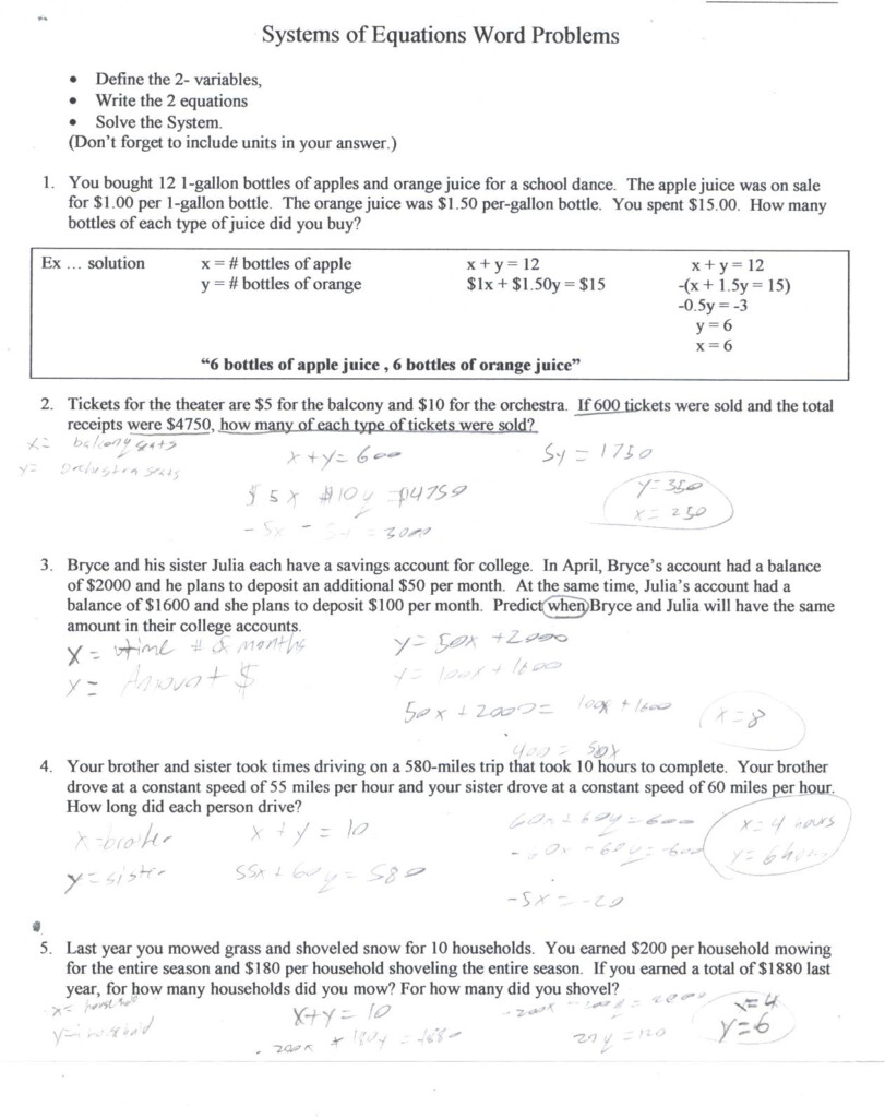 Algebra 1 Worksheet Linear Equation Word Problems Answers Algebra 