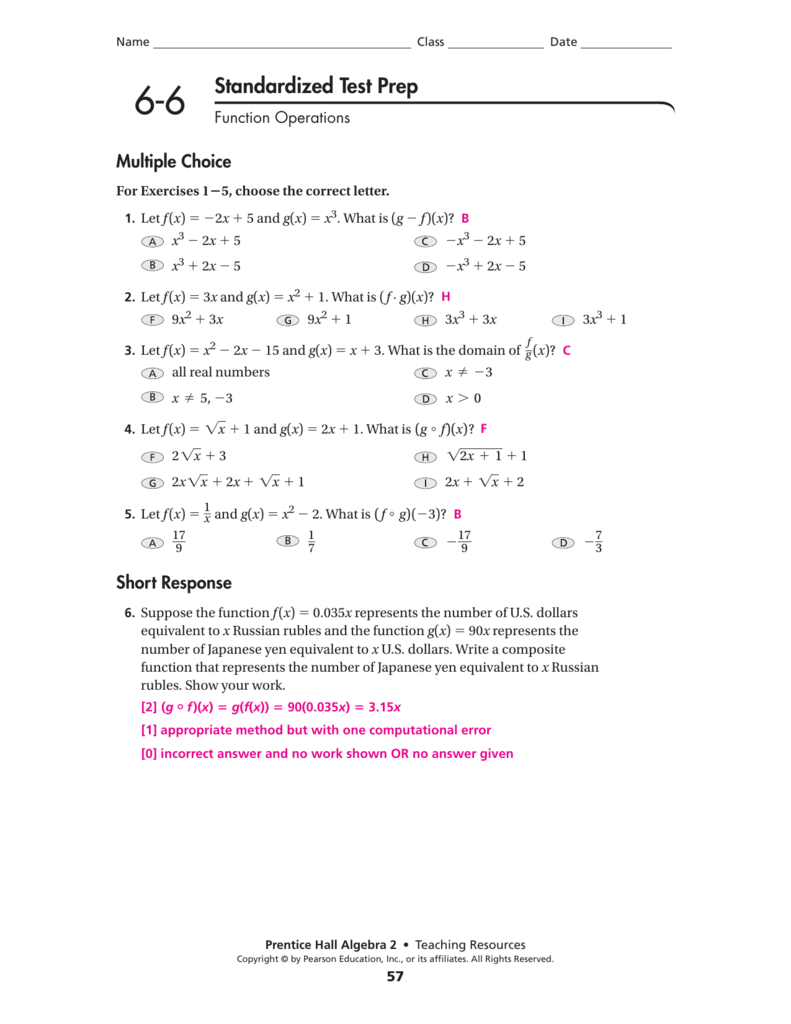 Algebra 2 Function Operations And Composition Worksheet Answers 