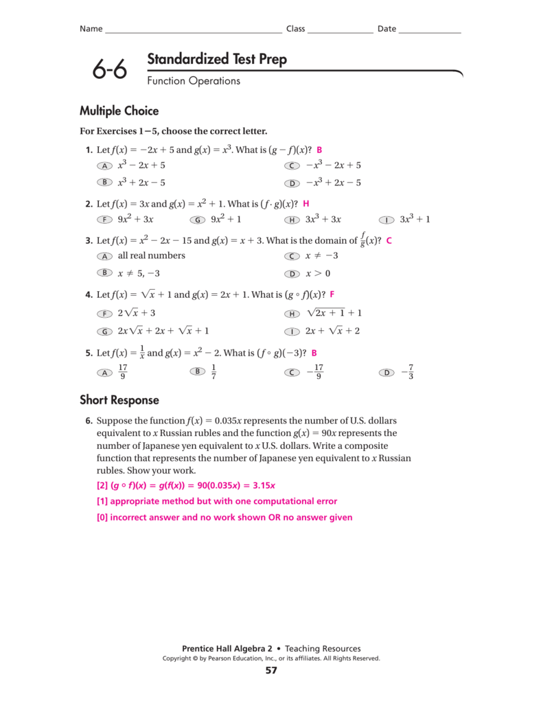 Algebra 2 Function Operations And Composition Worksheet Answer Key Function Worksheets