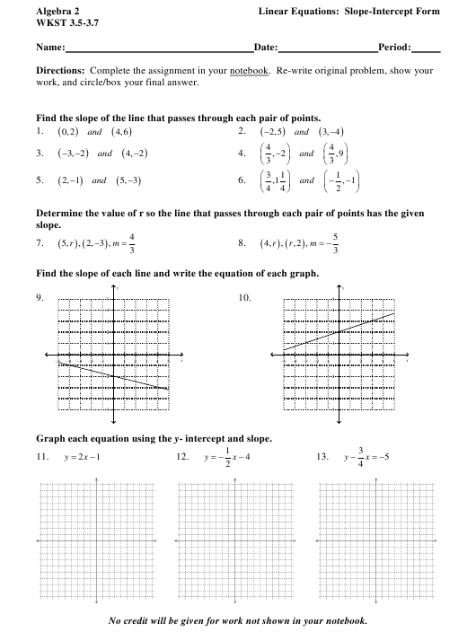 Algebra 2 Wkst 3 5 3 7 Linear Equations In Slope Intercept Form 