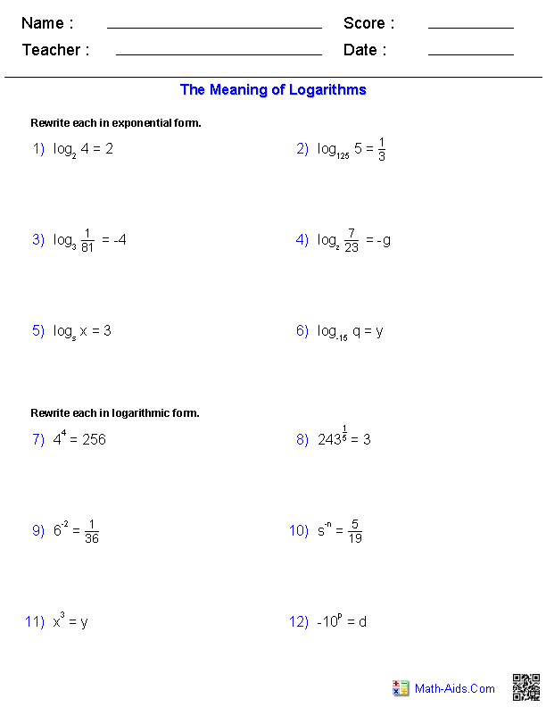 Algebra 2 Worksheets Exponential And Logarithmic Functions Worksheets