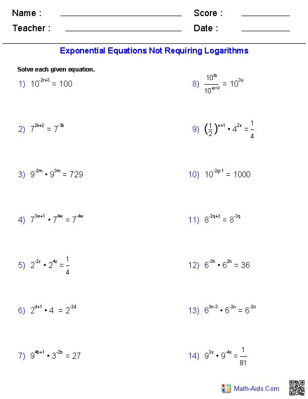Algebra 2 Worksheets Exponential And Logarithmic Functions Worksheets