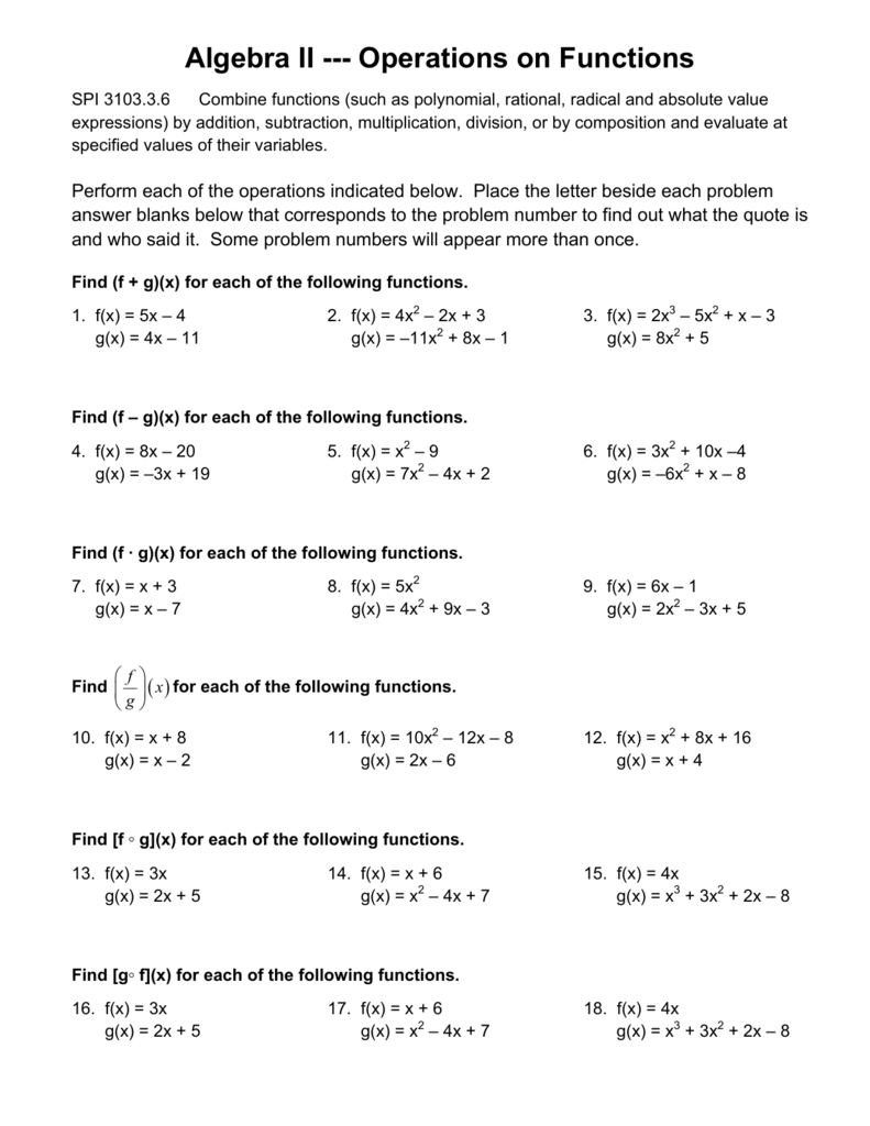 Algebra 3 Function Worksheet 2 Operations And Composition Answer Key 