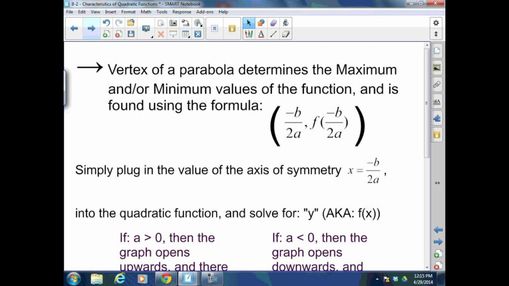 Algebra I 8 2 Characteristics Of Quadratic Functions YouTube