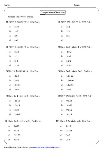 Answer Key Algebra 2 Composition Of Functions Worksheet Answers 