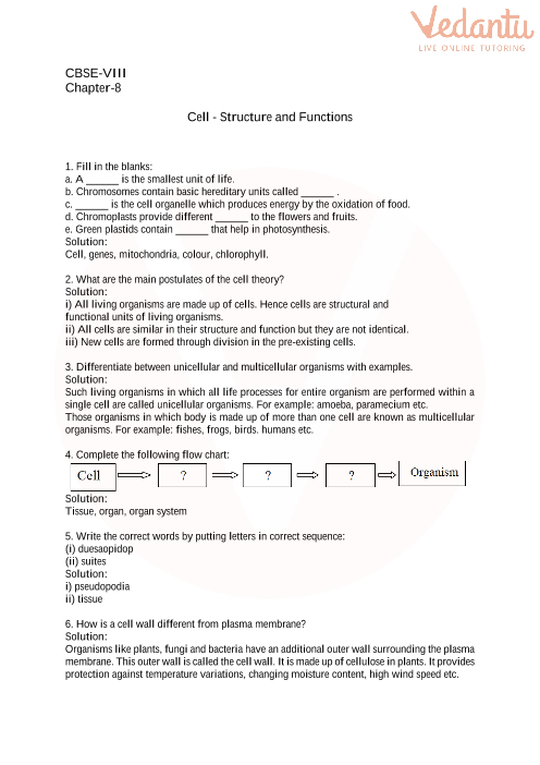 CBSE Class 8 Science Cell Worksheets With Answers Chapter 8