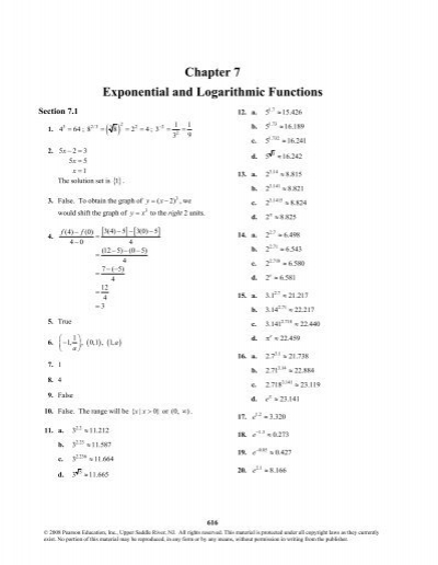Chapter 7 Exponential And Logarithmic Functions Pearson 