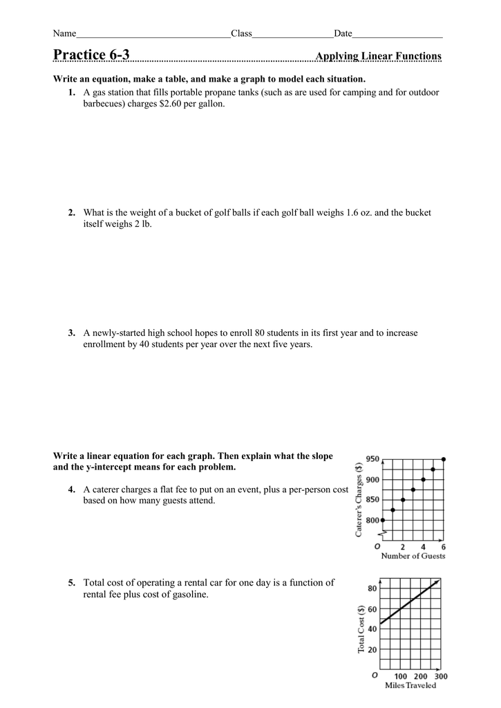 Characteristics Of Linear Functions Practice Worksheet A Linear 