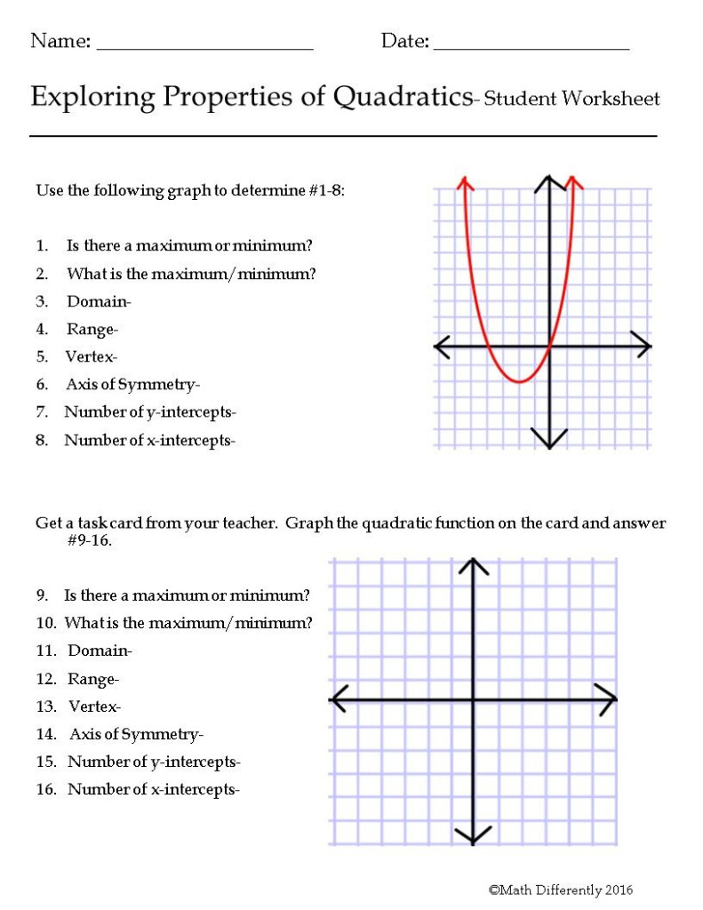 Characteristics Of Quadratic Functions Worksheet Algebra 2 