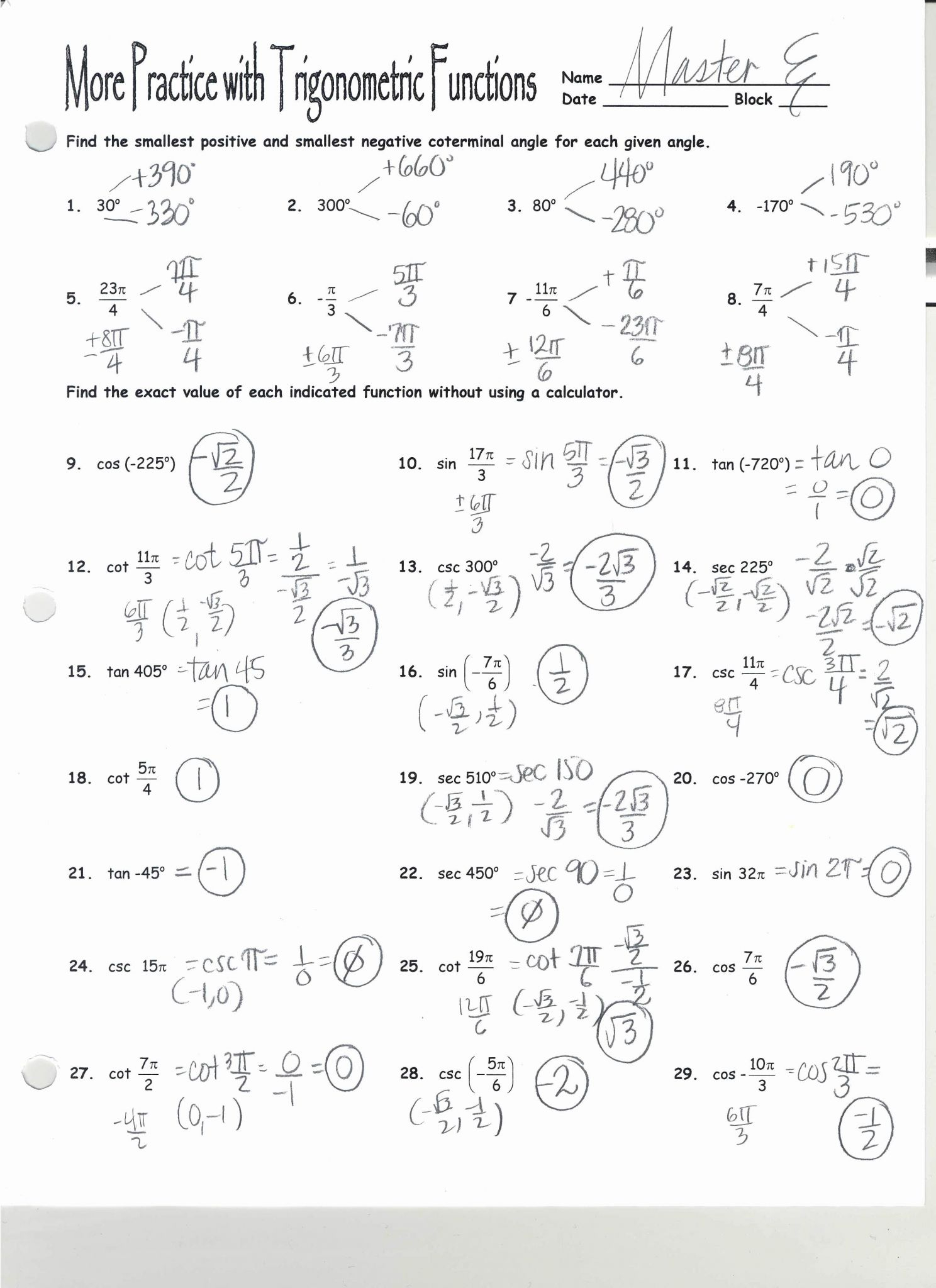 Practice Worksheet Graphs Of Trig Functions Answers Function Worksheets