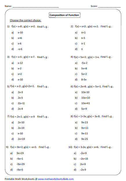 Composition Of Functions Worksheet Algebra 2 Answers Instantworksheet