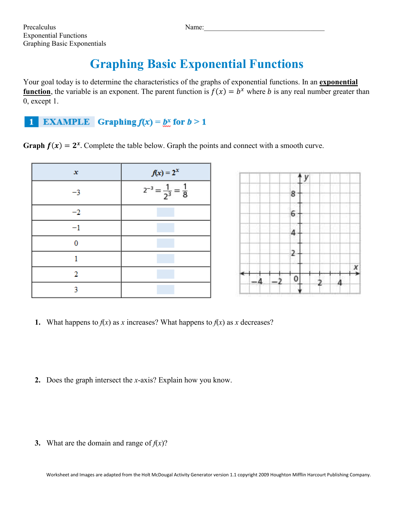 Exponential Function Worksheet Exponent Graph Practice Pdf Name Date 