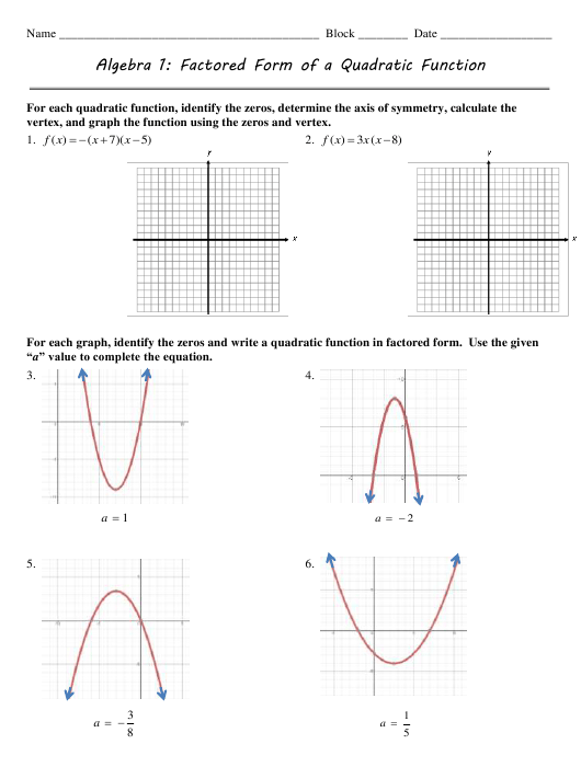 Factored Form Of A Quadratic Function Algebra Worksheet Download 