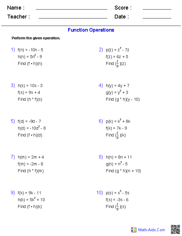Function Operations Worksheets Answer Key Algebra 2 Worksheets 