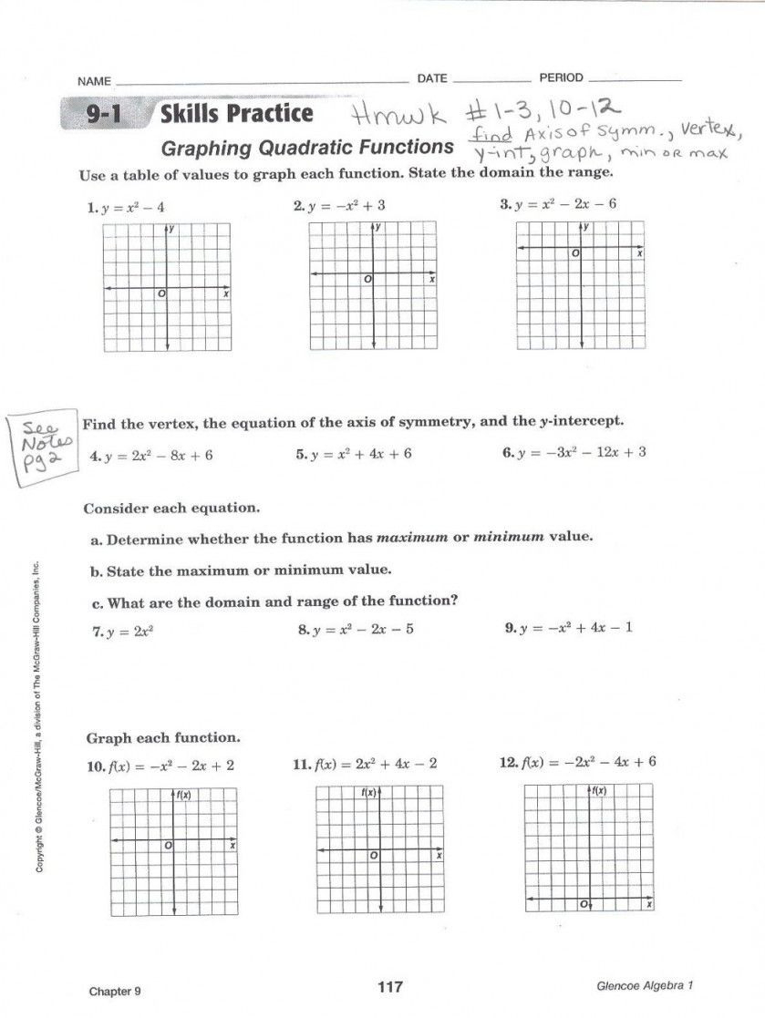 graphing quadratic functions homework answers