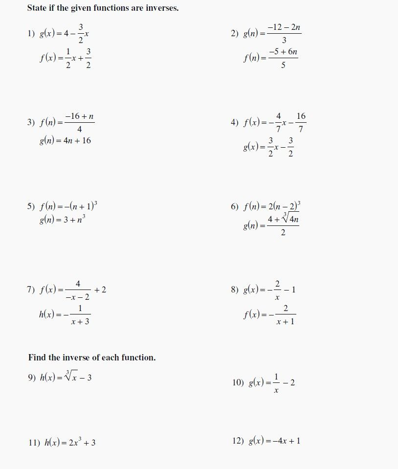 Inverse Functions Worksheet With Answers